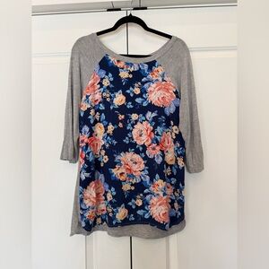 Floral Raglan Sleeve Top - Gray and Blue